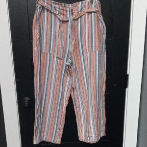 Seven7 Striped Wide-Leg Cropped Colorful Striped Tie-Waist Pants Sz 12
